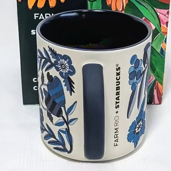 Starbucks x Farm Rio Lenco Asulejo White Blue Toucan/Macaw Ceramic Mug 14 oz - Picture 4 of 7